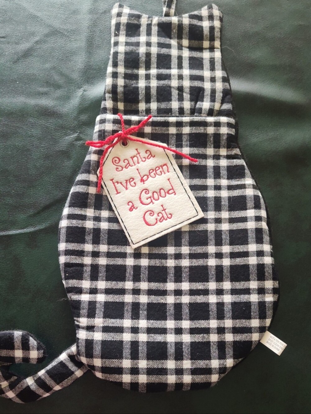 Plaid Cat Holiday Stocking with 'Santa I've Been a Good Cat' Tag - Black & White